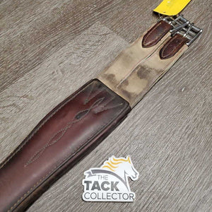 Thick Padded FS Leather Girth, x2 els *gc, clean, hairy seams, stains, dirty, rubs, elastic glue residue