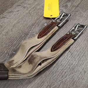Thick Padded FS Leather Girth, x2 els *gc, clean, hairy seams, stains, dirty, rubs, elastic glue residue