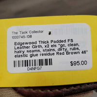 Thick Padded FS Leather Girth, x2 els *gc, clean, hairy seams, stains, dirty, rubs, elastic glue residue
