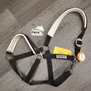 Padded Nylon Halter, snap *gc, older, clean, faded, dirty, stain, dings, faded, edges rubs, rust