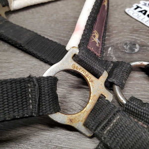 Padded Nylon Halter, snap *gc, older, clean, faded, dirty, stain, dings, faded, edges rubs, rust