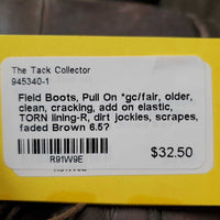 v.soft Field Boots, Pull On *gc/fair, older, clean, cracking, add on elastic, TORN lining-R, dirt jockies, scrapes, faded