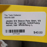 3/4 Sleeve Polo Shirt, 1/3 Button Up *vgc/gc, faded/fuzzy velvet, hair
