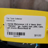 LS V Neck Shirt "Horses" *gc, faded, hair, pills, rubs, pit stains
