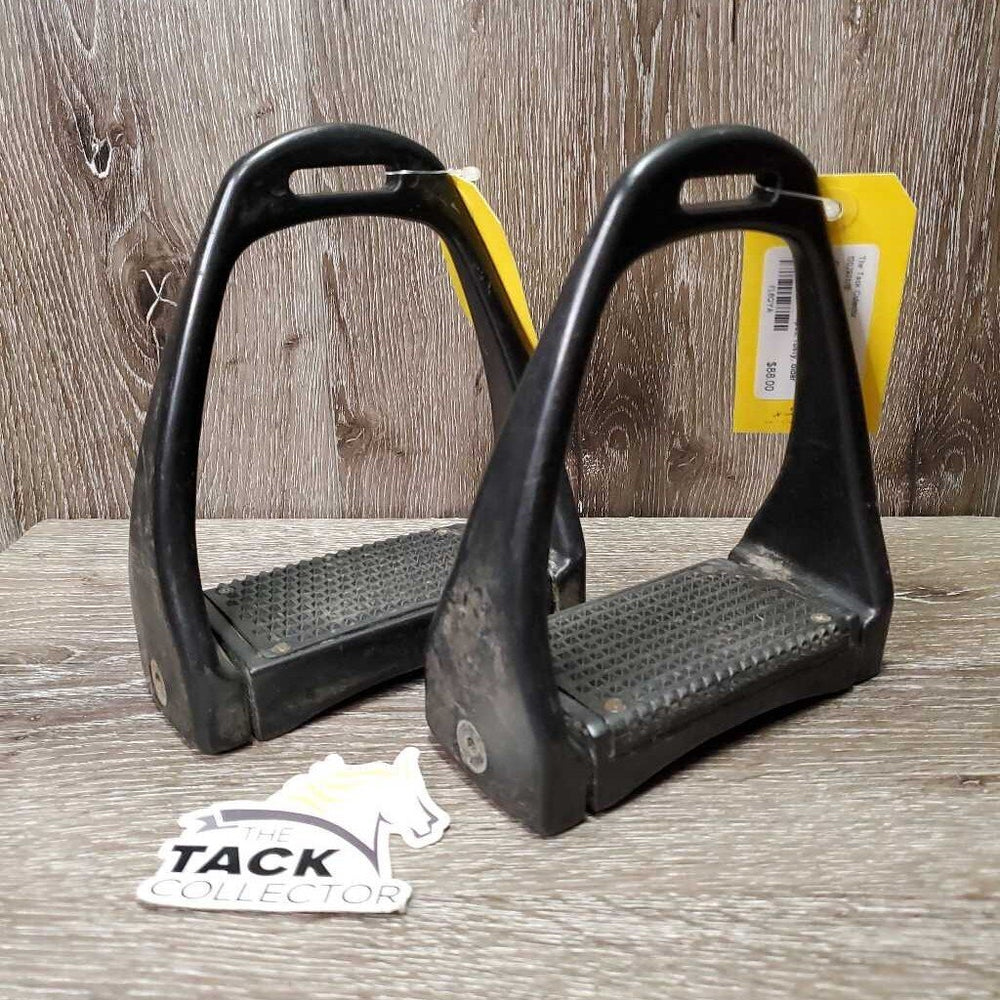 Pr Wide Base - Adjustable Angle Plastic Stirrup Irons *gc, clean, stains, residue, scratches, scrapes, rusty, older