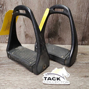 Pr Wide Base - Adjustable Angle Plastic Stirrup Irons *gc, clean, stains, residue, scratches, scrapes, rusty, older