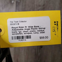 Pr Wide Base - Adjustable Angle Plastic Stirrup Irons *gc, clean, stains, residue, scratches, scrapes, rusty, older
