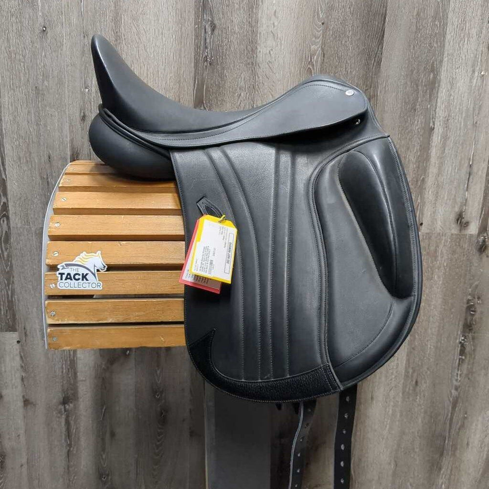 18 Adj *Red-Wide In PEi Marseille Monoflap Dressage Saddle, PEi Green Cover & Black Cantle Cover, Black (Med) Gullet & Box, German aniline leather, Synthetic Wool Flocking, Rear Gusset Panels, Flaps: 18