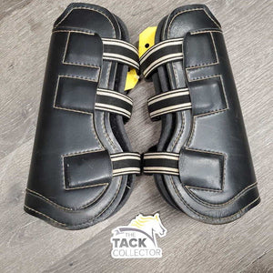 Pr Open Front Boots, tabs, liners *gc, clean, hairy, faded, edge rubs & holes, scrapes, older