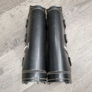Pr Open Front Boots, tabs, liners *gc, clean, hairy, faded, edge rubs & holes, scrapes, older