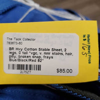Hvy Cotton Stable Sheet, 2 legs, 0 tail *vgc, v. mnr stains, hair, pilly, broken snap, frays
