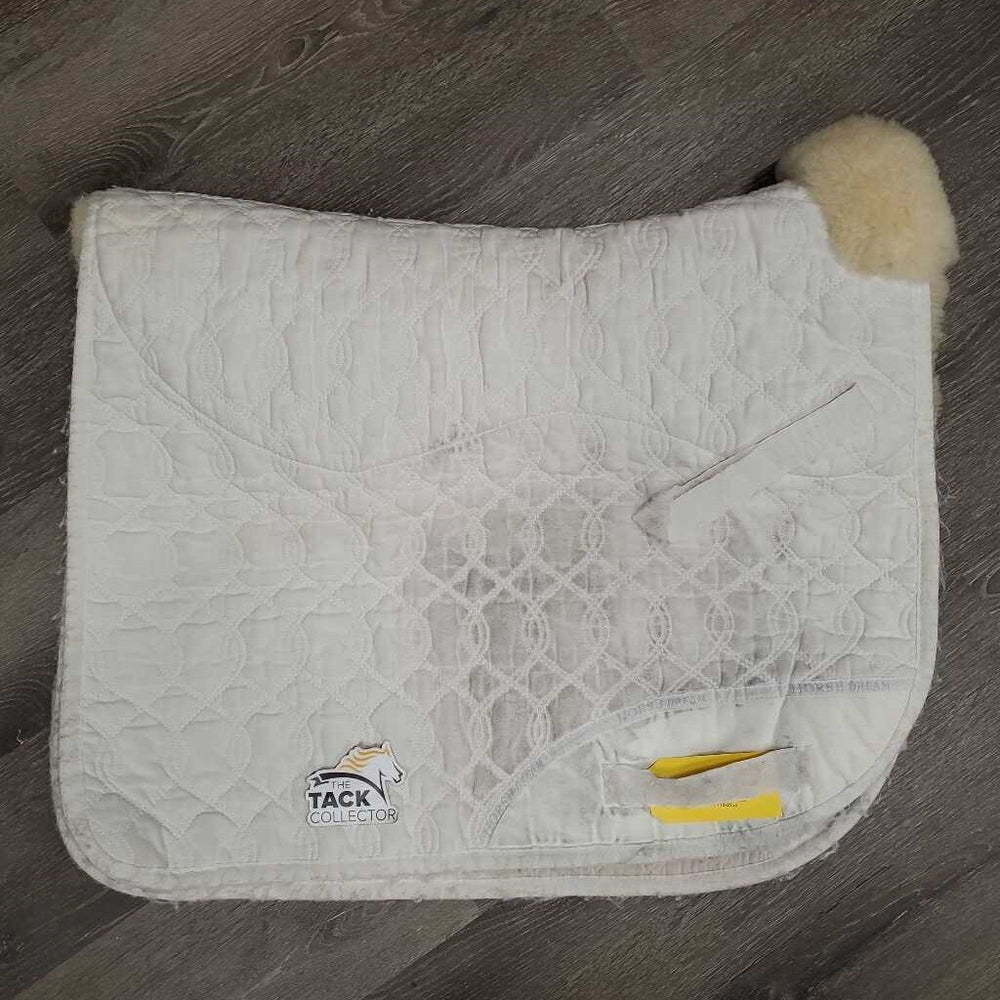 Sheepskin Quilted Dressage Saddle Pad *gc, dingy, v. pilly/rubbed, loose/frayed velcro, clumpy, stains, mnr hair, puckers
