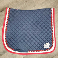 Quilt Dressage Saddle Pad, x2 piping *gc, cut tabs, faded, stains, mnr hair, dirt?, rubs, puckers, dingy underside
