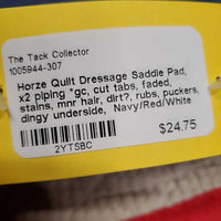 Quilt Dressage Saddle Pad, x2 piping *gc, cut tabs, faded, stains, mnr hair, dirt?, rubs, puckers, dingy underside

