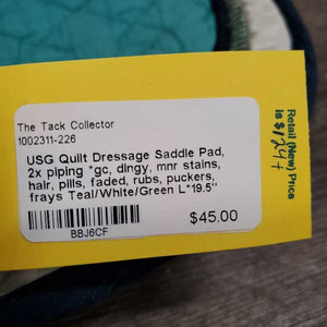 Quilt Dressage Saddle Pad, 2x piping *gc, dingy, mnr stains, hair, pills, faded, rubs, puckers, frays