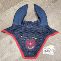 Crochet Fly Bonnet Ear Veil, Charm "Young Riders" *gc, clean, mnr hair, rubs, faded & stains, snags & pills