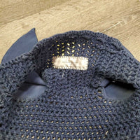 Crochet Fly Bonnet Ear Veil, Charm "Young Riders" *gc, clean, mnr hair, rubs, faded & stains, snags & pills
