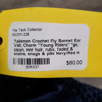 Crochet Fly Bonnet Ear Veil, Charm "Young Riders" *gc, clean, mnr hair, rubs, faded & stains, snags & pills