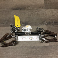 SS Jointed Rubber Pelham, Curb Chain, Thick Leather & Ring Converters *vgc, clean, mnr rubs, stains, leather: dry, stiff, cut ends, faded
