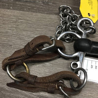 SS Jointed Rubber Pelham, Curb Chain, Thick Leather & Ring Converters *vgc, clean, mnr rubs, stains, leather: dry, stiff, cut ends, faded
