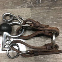 SS Jointed Rubber Pelham, Curb Chain, Thick Leather & Ring Converters *vgc, clean, mnr rubs, stains, leather: dry, stiff, cut ends, faded

