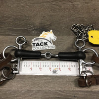 SS Jointed Rubber Pelham, Curb Chain, Thick Leather & Ring Converters *vgc, clean, mnr rubs, stains, leather: dry, stiff, cut ends, faded
