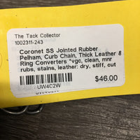 SS Jointed Rubber Pelham, Curb Chain, Thick Leather & Ring Converters *vgc, clean, mnr rubs, stains, leather: dry, stiff, cut ends, faded
