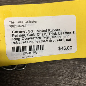 SS Jointed Rubber Pelham, Curb Chain, Thick Leather & Ring Converters *vgc, clean, mnr rubs, stains, leather: dry, stiff, cut ends, faded