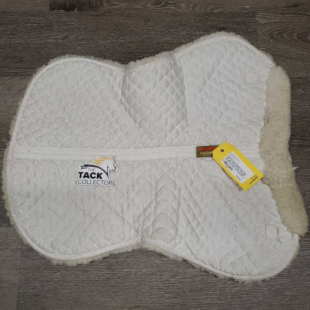 Sheepskin Quilt Half Pad *gc, older, puckers, thin edge, dirt, pills, cut tabs, stains, dingy, clumpy, mnr hair, rubs