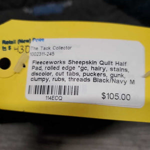 Sheepskin Quilt Half Pad, rolled edge *gc, hairy, stains, discolor, cut tabs, puckers, gunk, clumpy, rubs, threads