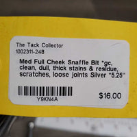 Med Full Cheek Snaffle Bit *gc, clean, dull, thick stains & residue, scratches, loose joints
