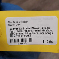 Lt Stable Blanket, 2 legs *gc, older, repairs, faded, threads, dirt, stains, lining tears, mnr snags, shrunk
