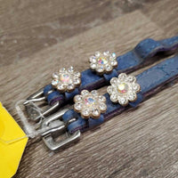 Pr Narrow Leather Spur Straps, Flower Bling *vgc/gc, clean, widened, bent, stains, mnr loose thread
