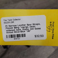 Pr Narrow Leather Spur Straps, Flower Bling *vgc/gc, clean, widened, bent, stains, mnr loose thread
