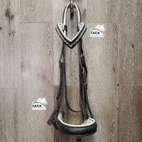 Rsd Padded Monocrown Dressage Bridle, Crank, Bling *gc, NO Flash, seam stains?dirt, v.tight keeper, mnr residue, rubs, discolored bling, dry, stiff, xholes, cut end