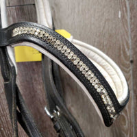Rsd Padded Monocrown Dressage Bridle, Crank, Bling *gc, NO Flash, seam stains?dirt, v.tight keeper, mnr residue, rubs, discolored bling, dry, stiff, xholes, cut end
