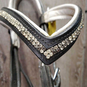 Rsd Padded Monocrown Dressage Bridle, Crank, Bling *gc, NO Flash, seam stains?dirt, v.tight keeper, mnr residue, rubs, discolored bling, dry, stiff, xholes, cut end
