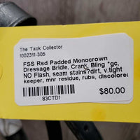 Rsd Padded Monocrown Dressage Bridle, Crank, Bling *gc, NO Flash, seam stains?dirt, v.tight keeper, mnr residue, rubs, discolored bling, dry, stiff, xholes, cut end