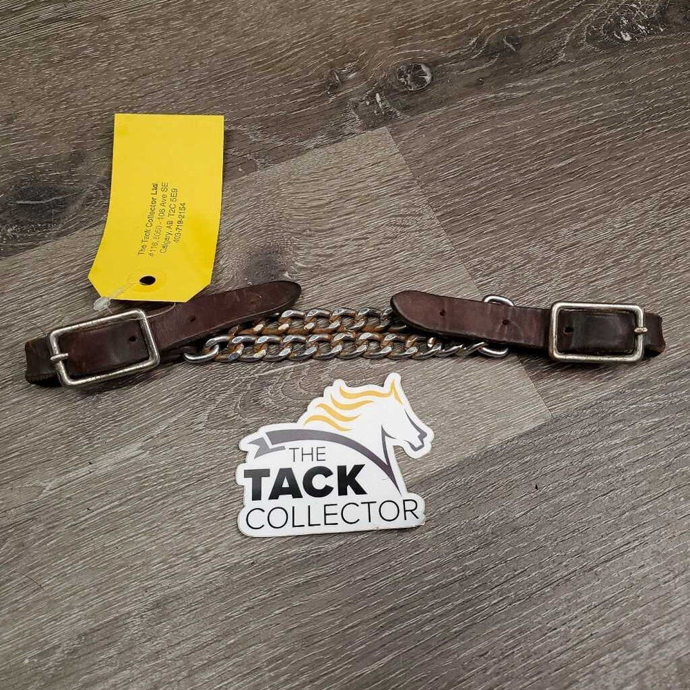 Leather & Fine Double Chain Western Curb - Chin Strap, buckles *gc/fair, rusty, dry, stiff, bent, cracks, xholes