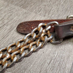 Leather & Fine Double Chain Western Curb - Chin Strap, buckles *gc/fair, rusty, dry, stiff, bent, cracks, xholes