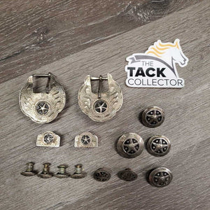 Western Headstall Star Hardware: 2 Buckles, 2 Keepers, 10 Assorted Chicago Screws *gc, stains, oxidized, rubs, dirt