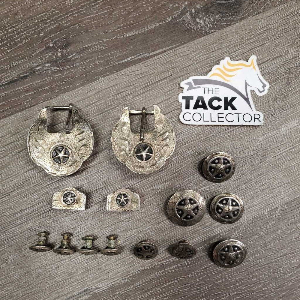 Western Headstall Star Hardware: 2 Buckles, 2 Keepers, 10 Assorted Chicago Screws *gc, stains, oxidized, rubs, dirt