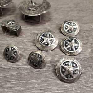 Western Headstall Star Hardware: 2 Buckles, 2 Keepers, 10 Assorted Chicago Screws *gc, stains, oxidized, rubs, dirt