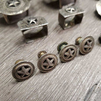 Western Headstall Star Hardware: 2 Buckles, 2 Keepers, 10 Assorted Chicago Screws *gc, stains, oxidized, rubs, dirt