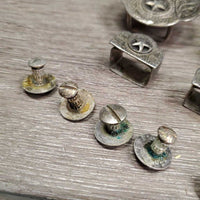 Western Headstall Star Hardware: 2 Buckles, 2 Keepers, 10 Assorted Chicago Screws *gc, stains, oxidized, rubs, dirt
