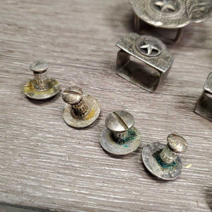 Western Headstall Star Hardware: 2 Buckles, 2 Keepers, 10 Assorted Chicago Screws *gc, stains, oxidized, rubs, dirt