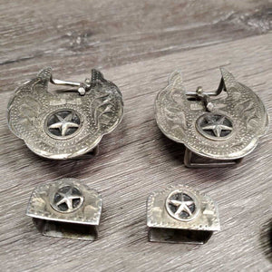 Western Headstall Star Hardware: 2 Buckles, 2 Keepers, 10 Assorted Chicago Screws *gc, stains, oxidized, rubs, dirt