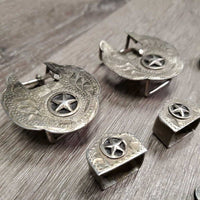 Western Headstall Star Hardware: 2 Buckles, 2 Keepers, 10 Assorted Chicago Screws *gc, stains, oxidized, rubs, dirt

