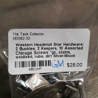 Western Headstall Star Hardware: 2 Buckles, 2 Keepers, 10 Assorted Chicago Screws *gc, stains, oxidized, rubs, dirt
