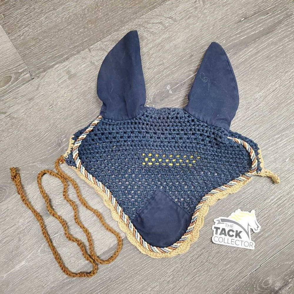 Crochet Fly Veil Ear Bonnet, 1x piping, string *gc, faded, rubs, curled edges, hairy, older